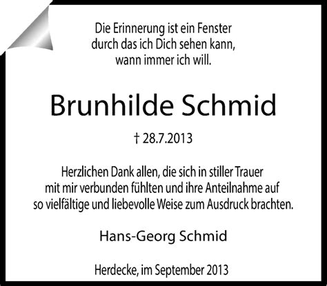 Traueranzeigen Von Brunhilde Schmid Trauer In Nrw De