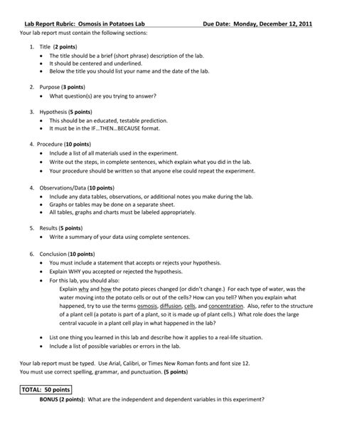 Lab Report Rubric Osmosis In Potatoes Lab