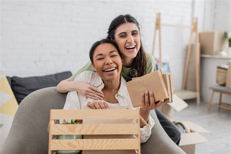 Cheerful Lesbian Woman Hugging Happy Multiracial Stock Photo Image Of Multiracial