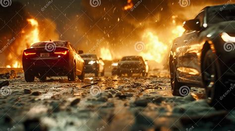 Chaos on the Road: a Fiery Journey through Danger and Debris Stock ...