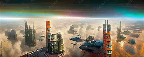 Sci-Fi concept art illustration of a cityscape with skyscrapers, towers ...