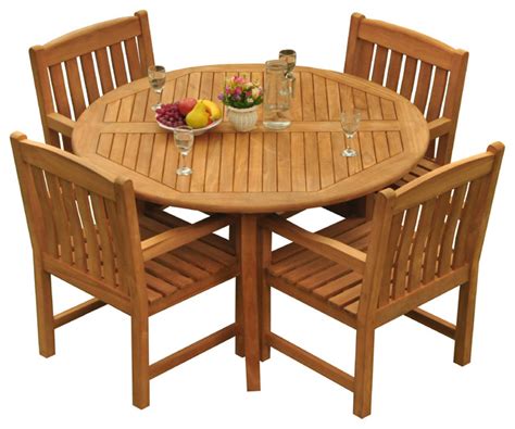 5-Piece Outdoor Patio Teak Dining Set, 52" Round Table, 4 Devon Arm Chairs - Craftsman - Outdoor ...