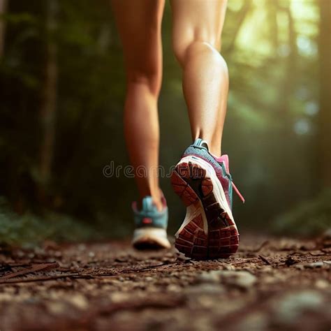 Lady Trail Runner Walking In Park With Close Up Of Trail Running Shoes