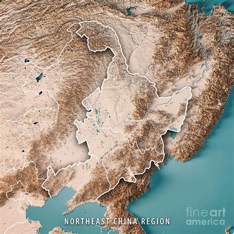 Northeast China Region 3d Render Topographic Map Neutral Border Digital