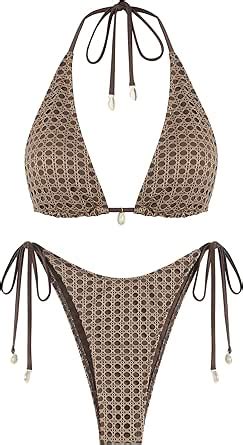 Amazon Zaful Women S Triangle Bikini Multiway Fishnet Tie Side Bandeau Halter String Bikini