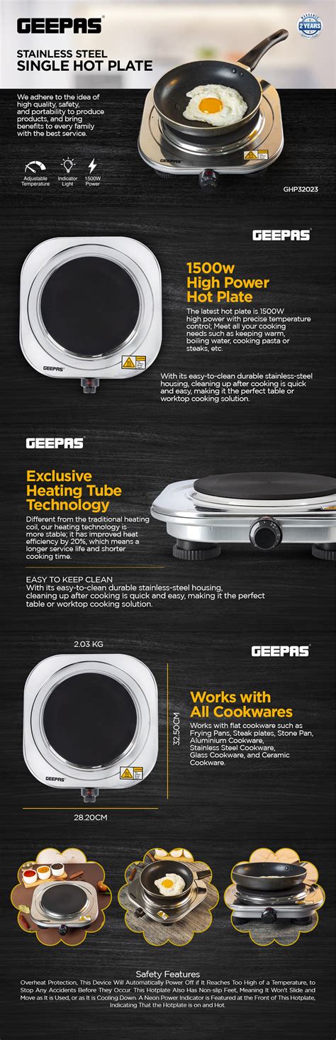 GEEPAS Stainless Steel Single Hot Plate With Indicator Light And Adjustable Temperature Control