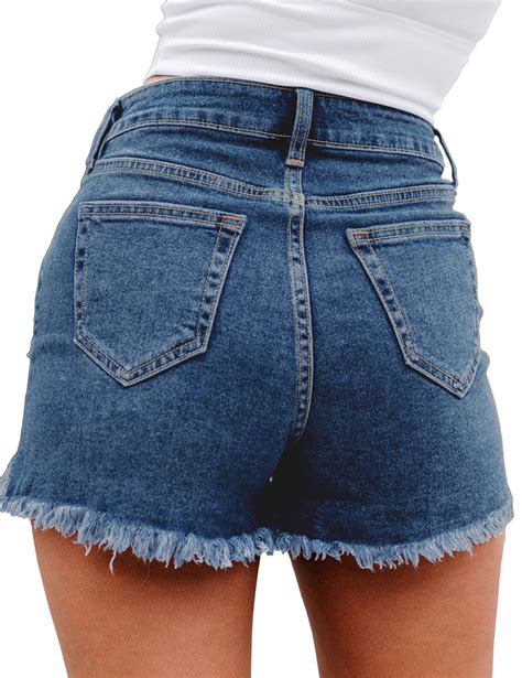 Deep Blue High Waist Frayed Raw Hem Ripped Denim Shorts Lookbook Store