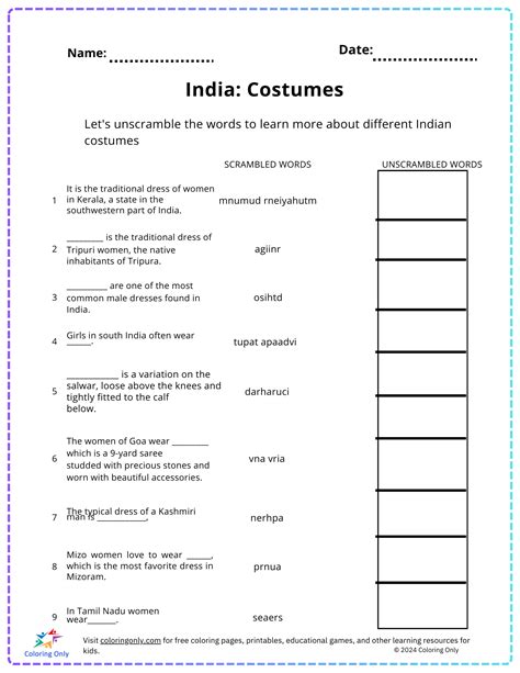 India: Costumes Free Printable Worksheet