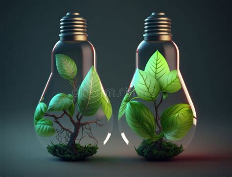 Energy Saving Eco Lamps With Green Leaves Ecology Concept