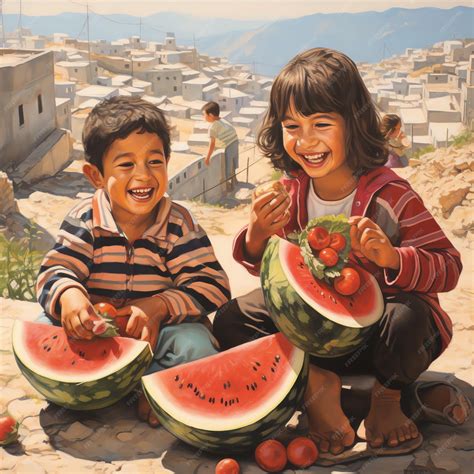 Premium Photo | Happy Palestinian Children Eating Watermelon
