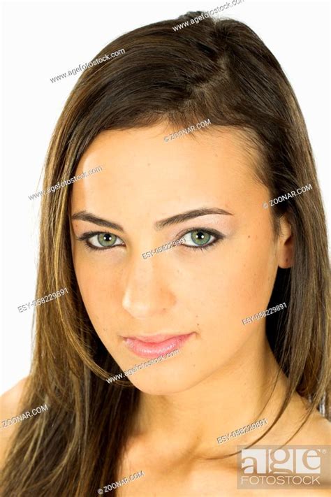 Gorgeous Long Haired Brunette Model Posing Against A White Background Stock Photo Picture And