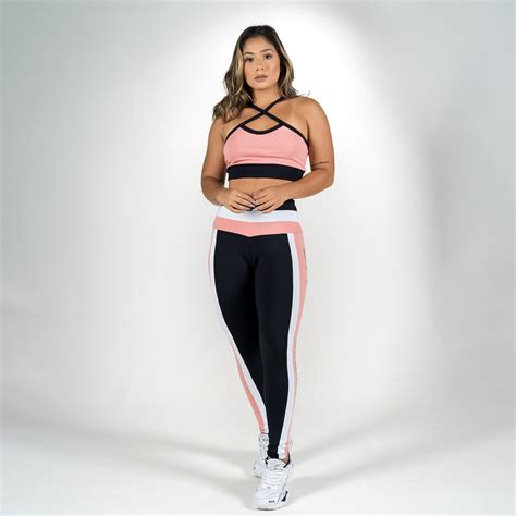 Conjunto Calça Legging Preto Nude Branco e Top Nude Preto Vialeza Fitness a melhor loja