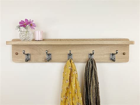 Oak coat rack with shelf - polished cast iron double hooks – Old Oak Barrel