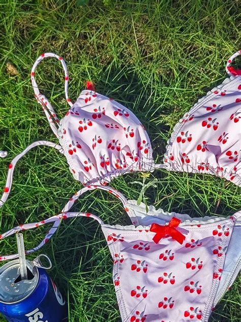 Sexy Swimsuit Triangle Bikinis Cherry Print Bikini Set Female Swimwear Women Bow Bathing Suits