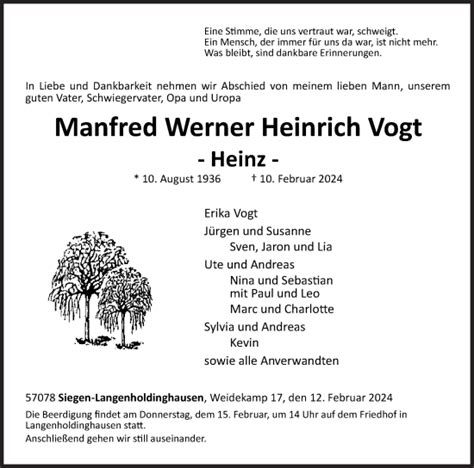 Traueranzeigen Von Manfred Werner Heinrich Vogt Trauer De