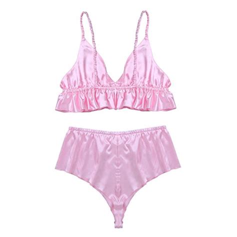 Freebily Men S Piece Lingerie Set Satin Frilly Ruffles Bra Tops Sissy Pouch Panties Nightwear