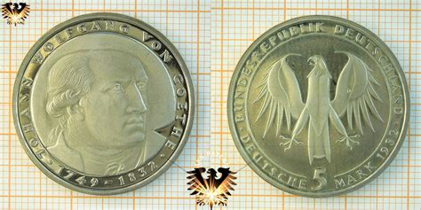 5 DM BRD 1982 D Johann Wolfgang von Goethe Kupfer Nickel Gedenkmünze