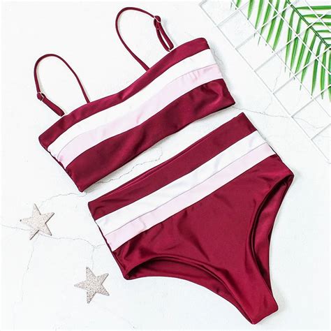 Free Shipping Women Sexy Striped High Waist Bikini Set Jkp