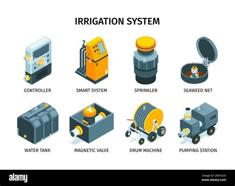 Irrigation Systems Isometric Icons With Caption Including Controller