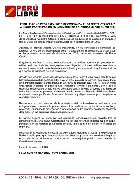 Perú Libre no otorgará voto de confianza al Gabinete Otárola y anuncia