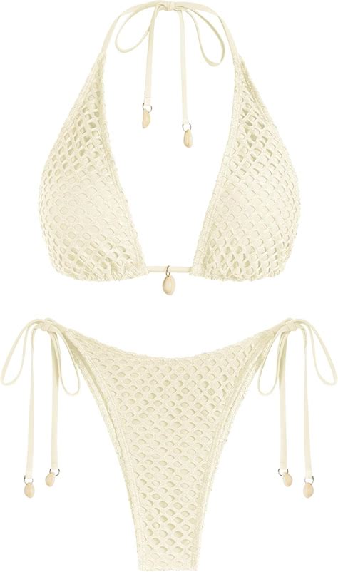 Amazon Zaful Women S Triangle Bikini Multiway Fishnet Tie Side Bandeau Halter String Bikini