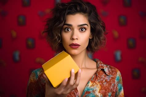 Premium Ai Image A Beautiful Year Old Blonde With With A Surprised Expression Holding