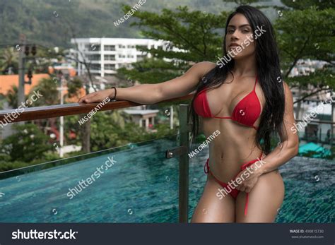 Beautiful Brunette Woman Red Bikini Standing Stock Photo Shutterstock
