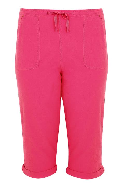Hot Pink Cool Cotton Pull On Tapered Cropped Trousers Plus Size 16 To 36