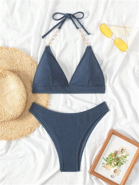 SHEIN Swim Conjunto De Bikini De Cuello Halter De Un Solo Color Con Decoración De Cadena Mode