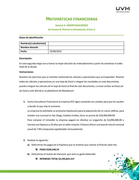 Matematicas Financieras Actividad Proyecto Integrador Etapa