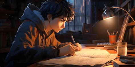 chill anime lofi boy studying  desk  atmospheric  wallpaper