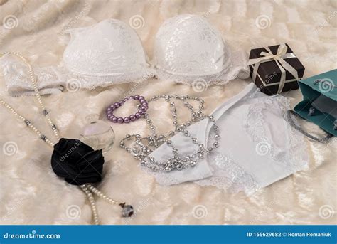 Seductive White Lingerie With Gift Box On Beige Cloth Stock Photo Image Of Beige Cloth 165629682