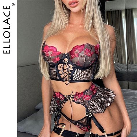Ellolace sexy erótica lingerie bandagem de sutiã transparente Lingerie plissada sexo liga
