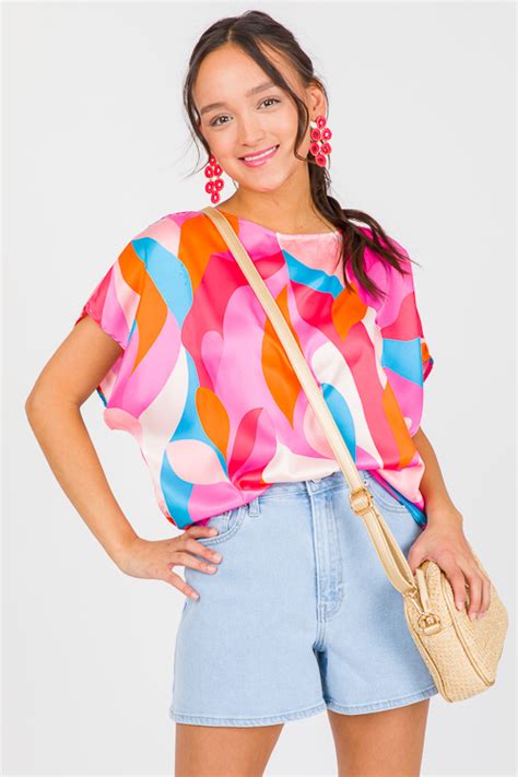 Retro Satin Blouse Pink Blue New Arrivals The Blue Door Boutique