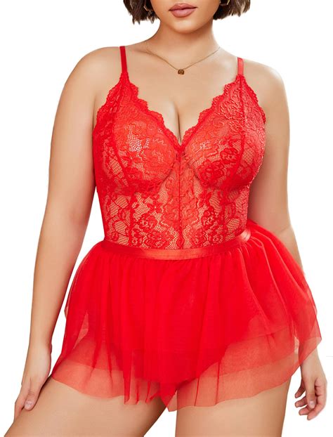 Avidlove Plus Size Lingerie Womens Lace Teddy Babydoll V Neck Chemise Nighty With Detachable