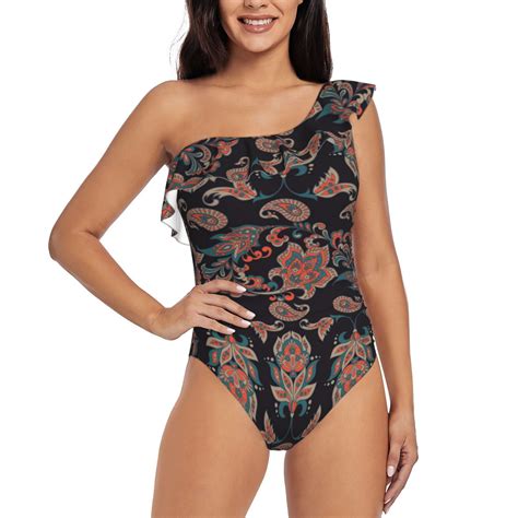 Uemuo Retro Floral Print Women's One Piece Swimsuit Asymmetrical Neck