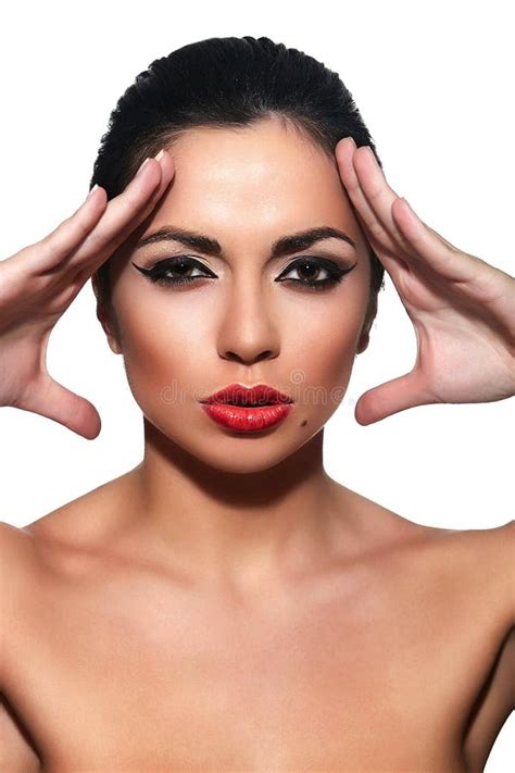 Brunette Model With Red Lips Bright Makeup Stock Photo Image Of Glance Clean