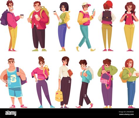 Male And Female Students With Backpacks Cartoon Icons Set Isolated