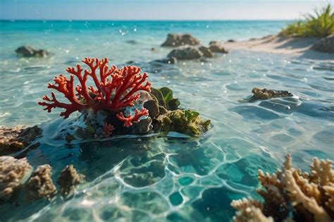 beach  translucent water showing coral  sea premium ai