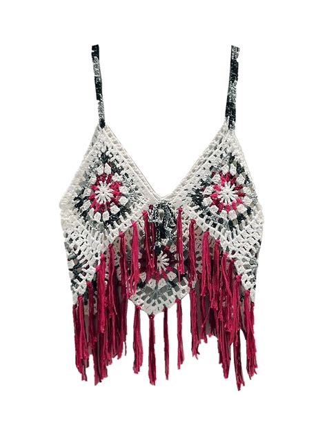 Open Back Hippie Festival Fringe Crochet Crop Top Beach Bikini Cover Up Women Bohemian Clothing