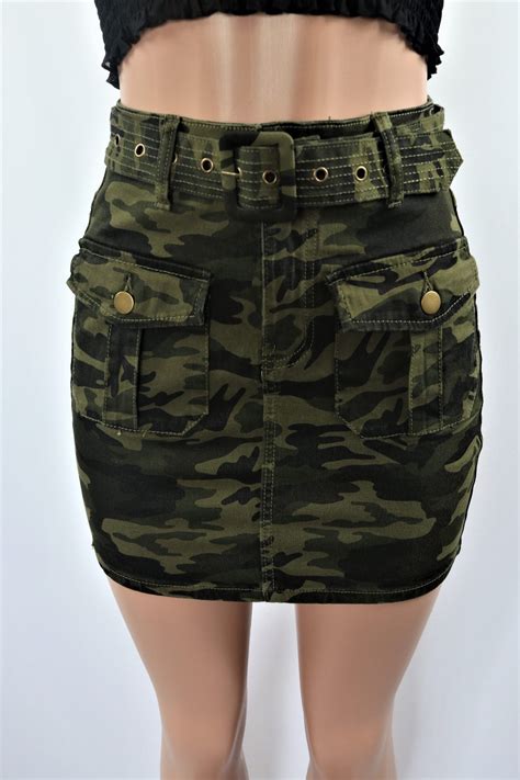 Belted Camo Skirt - Multi green camouflage high waist mini skirt with belt.