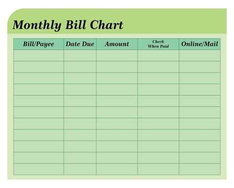 Printable Monthly Bill Chart | Paying bills, Budget planner printable, Bills