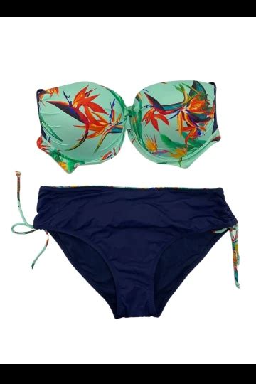 Kadın Turkuaz Lacivert Desenli Büyük Beden Astarlı Bikini Takım HZL S