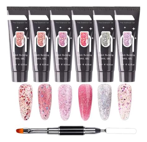 Set 6 Polygel Manicura Decoración Uñas Glitter Nude Pincel F Color