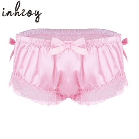 Men Sissy Panties Shiny Soft Satin Ruffle Floral Lace Lingerie For Men Bowknot Knickers Hot Sexy