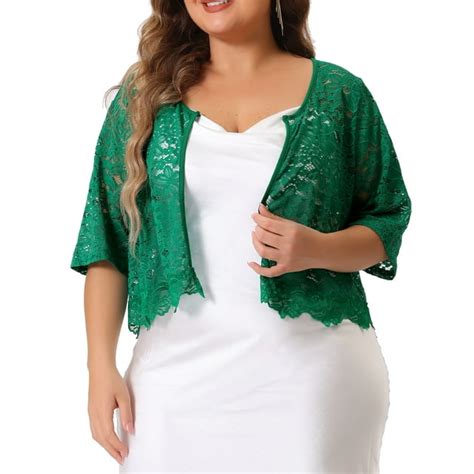 Agnes Orinda Womens Plus Size Sheer Floral Lace Open Front Shrug