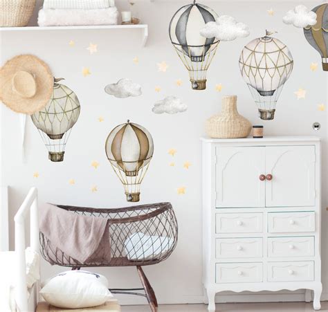 Retro Hot Air Balloons Nursery Wall Decals Watercolor Clouds Wall