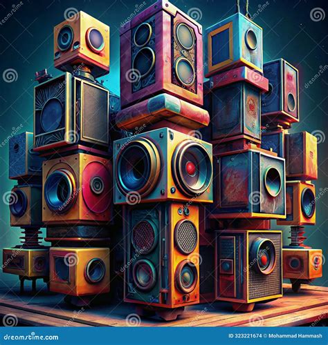 Stack of Vintage Retro Speakers with a Futuristic Aesthetic Stock