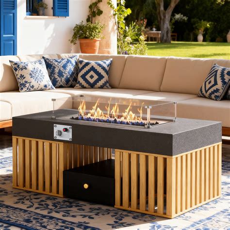 Hokku Designs 47" Outdoor Gas Fire Pit Coffee Table With Glass Guard