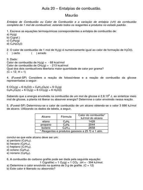 Entalpia De Combustão Exercícios - Entalpias de Combustão: Exercícios e Exemplos | PDF